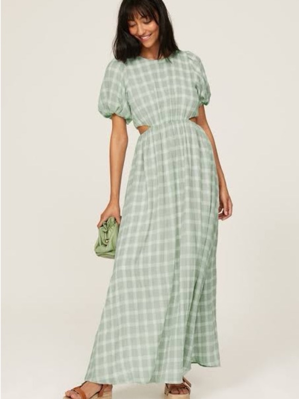 NWT ShowMeYourMuMu Eloise Maxi Dress in Green Gingham w Puff Sleeves&Side Cutout